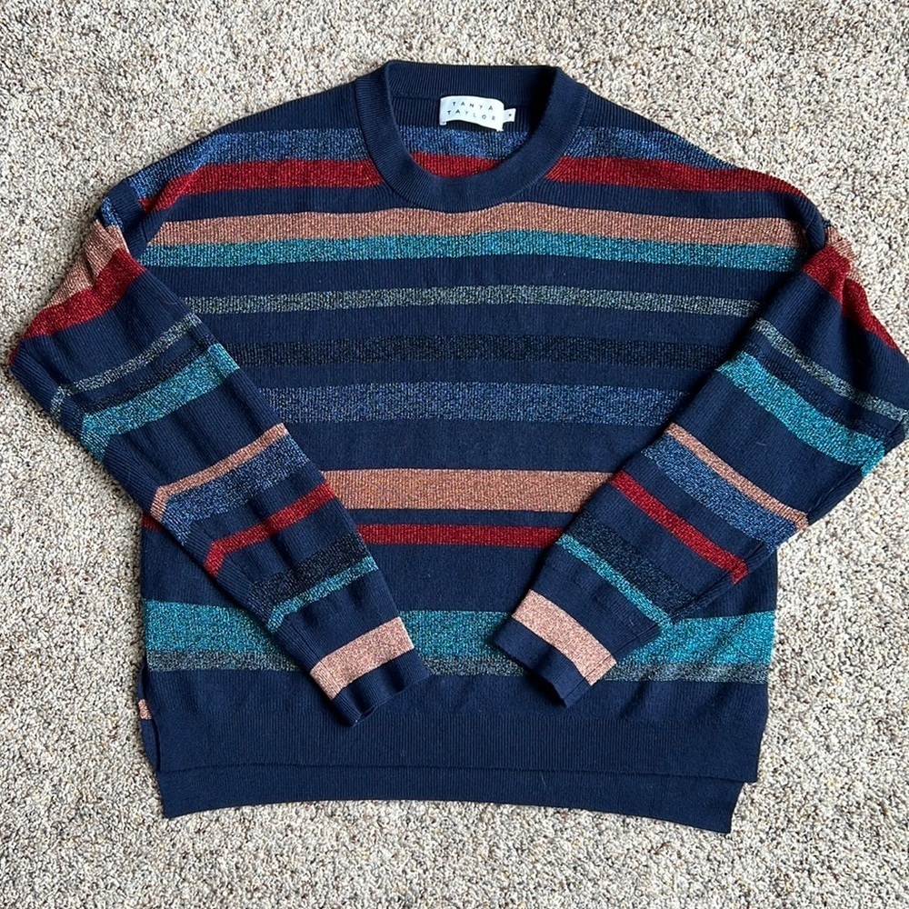 Tanya Taylor navy wool viscose blend metallic shimmer stripe sweater Sz Medium